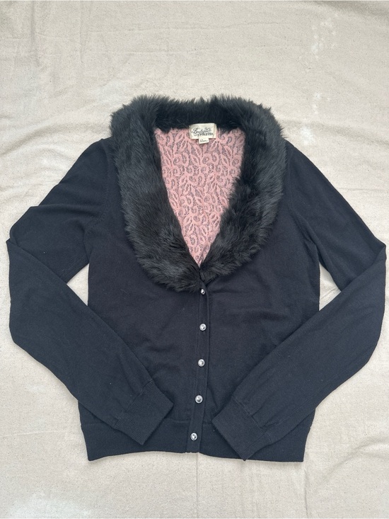 Forever 21 Sweaters - Y2K Forever 21 Faux Fur Trim Knit Cardigan Leopard Pink Lace Lining Size M